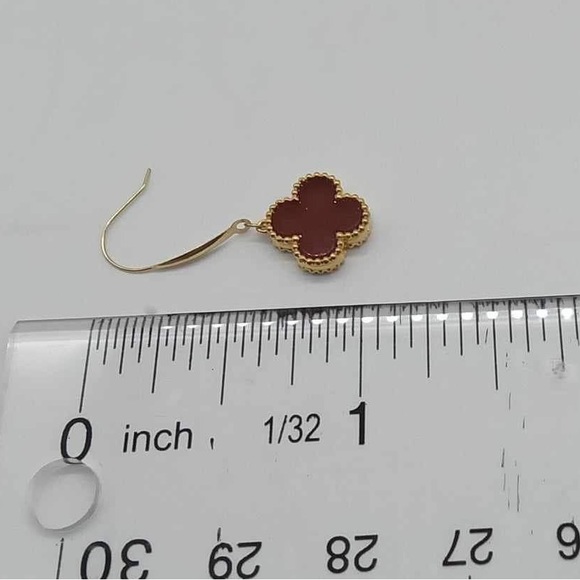 New 18k Gold Four Leaf Clover Red Dainty Hook Dangling Earrings Bracelet Set - Picture 6 of 9